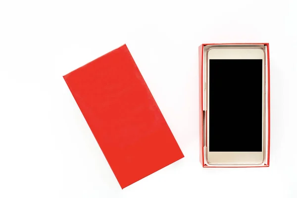 Coffret Cadeau Rouge Avec Smartphone Nouveau Paquet Avec Téléphone Portable — Photo