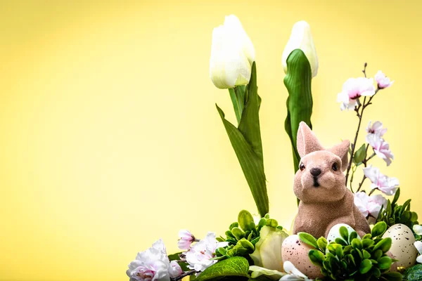 Coniglietto in decorazione con uova. Cartolina di Pasqua. — Foto Stock