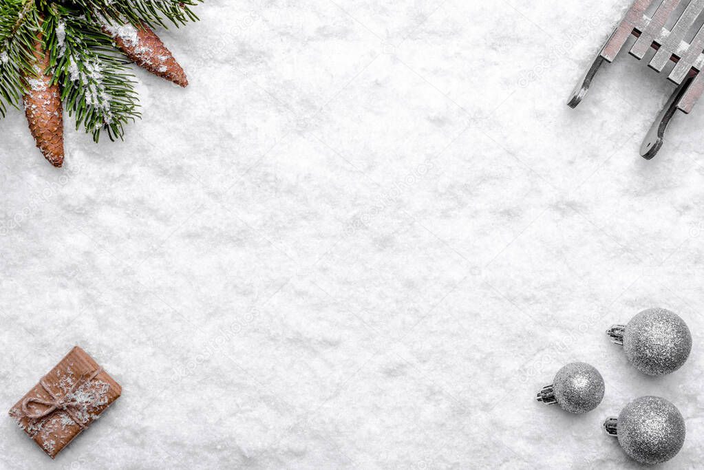 Christmas snow background with composition, christmas layout, flat lay, top view