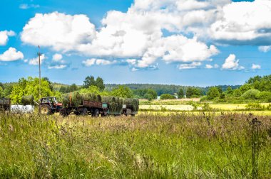 Landscape with haymaking. The tractor and the trailer of hay in a field. Fields and meadows at summer, the idyllic rural landscape and agricultural. Blue sky with clouds and sunny day.