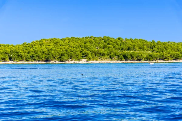 Islas verdes en el mar. Isla mediterránea con costa rocosa. Destino vacacional, Archipiélago Kornati, Dalmacia, Croacia, Europa. — Foto de Stock