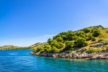 Yeşil çam ağaçları ve kayalık kıyıları olan Hırvat adası. Hırvatistan 'da Akdeniz doğası, mavi gökyüzü ve deniz, tatil seyahati kavramı.
