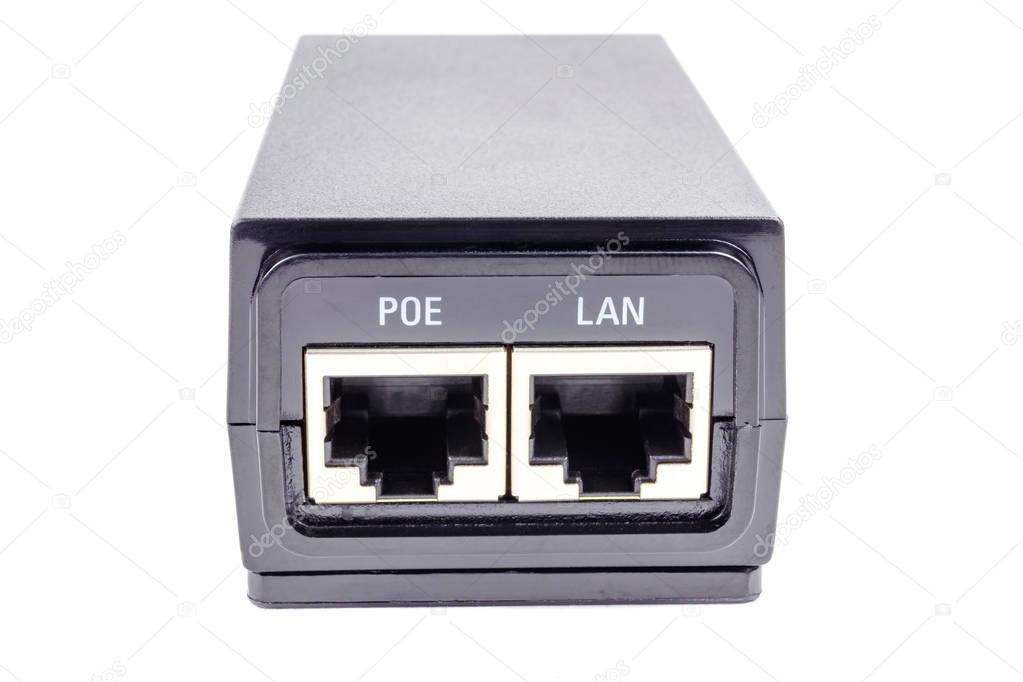 PoE injector for electronic equipment on a white background