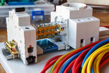 Yüklü elektrik bileşenleri ve teller ile montaj plakası