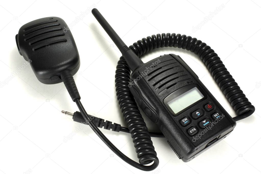 Portable walkie-talkie with handheld microphone isolated on a white background