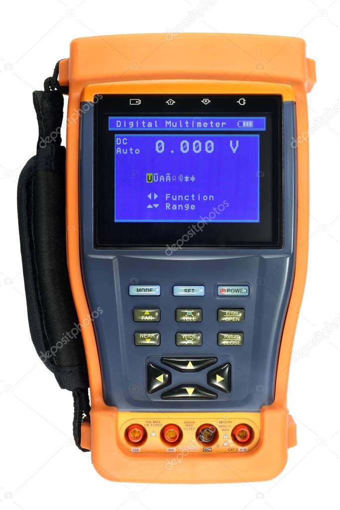 Digital multimeter in a protective cover isolated on the white background
