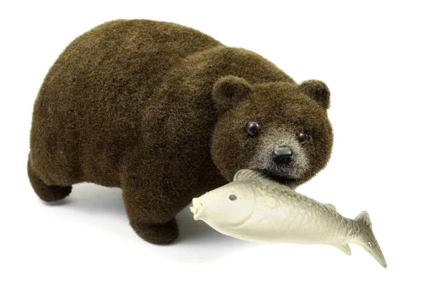 Big brown bear with fish in a mouth isolated on a white background — Stock Photo, Image