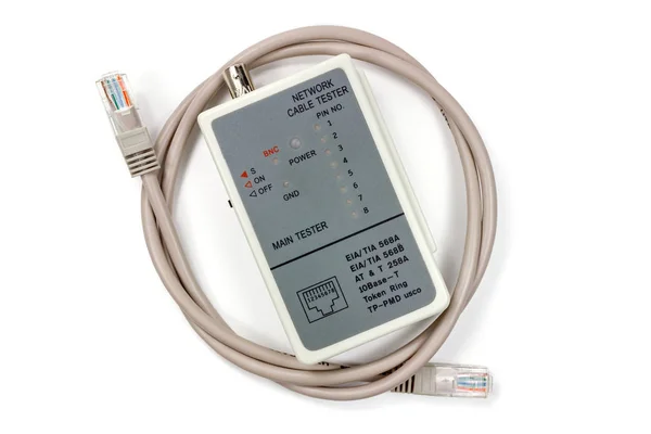 Network cable tester with UTP cable on a white background