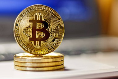 Altın bitcoins dizüstü touchpad portre üzerinde. Cryptocurrency sanal para