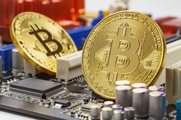 Bilgisayar anakart arka plan portre üzerinde altın bitcoins. Cryptocurrency sanal para