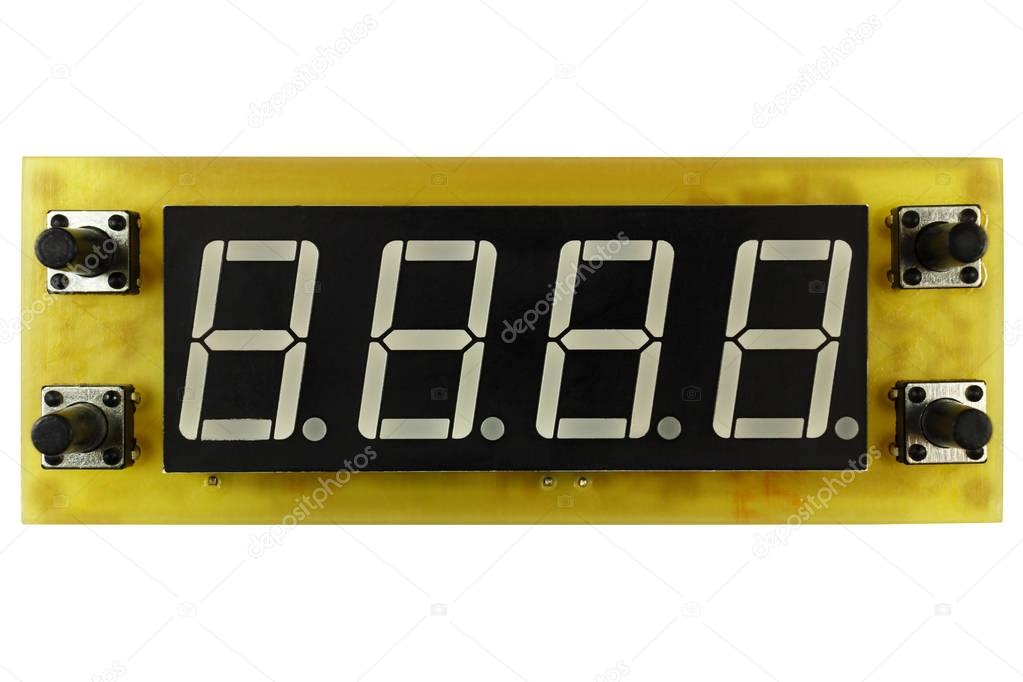 Printed circuit board of electronic timer clock with LED indicator and control buttons isolated on white background