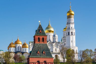 Moskova, Rusya - 01 Mayıs 2019: Altın kubbeli Ortodoks kiliseleri güneş ışığında Moskova Kremlin kulesine karşı. Kremlin Moskova 'da ünlü bir turistik dönüm noktasıdır.