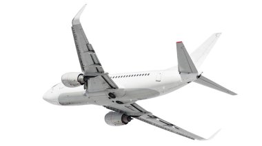 Uçan modern yolcu uçakları beyaz arka planda izole edildi. Alt görünüm