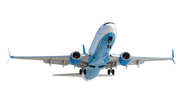 Avión de pasajeros moderno con tren de aterrizaje aislado sobre un fondo blanco. Vista frontal — Foto de Stock