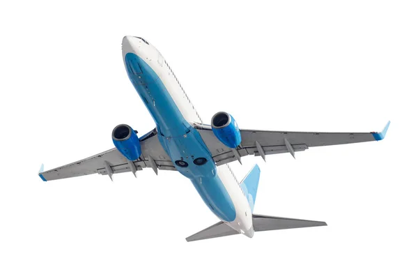 Avión de pasajeros volador con tren de aterrizaje retraído aislado sobre un fondo blanco. Vista inferior Imagen De Stock