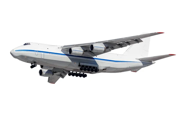 Avión volador de carga grande con tren de aterrizaje liberado aislado sobre un fondo blanco. Vista lateral Fotos De Stock