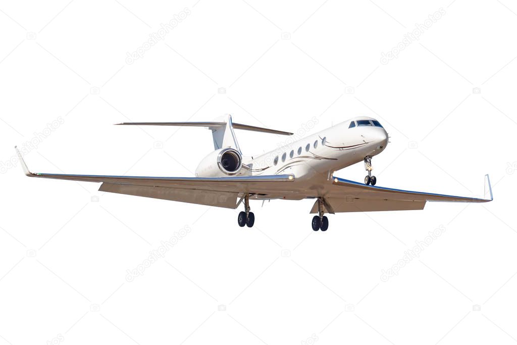 Flying modern business jet with released landing gear isolated on a white background