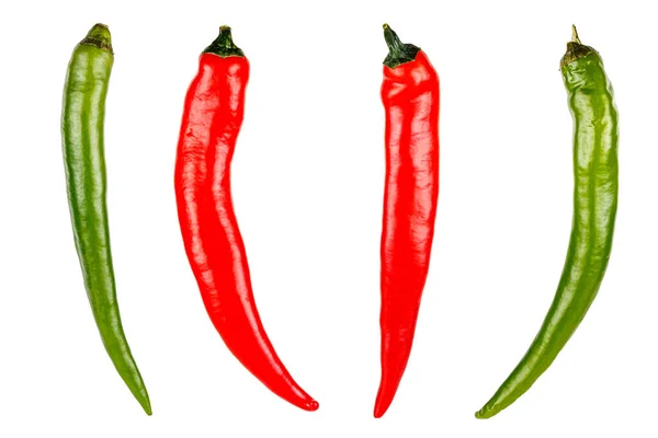 Set of two red and two green pods of hot chili pepper isolated on a white background — Stock Photo, Image