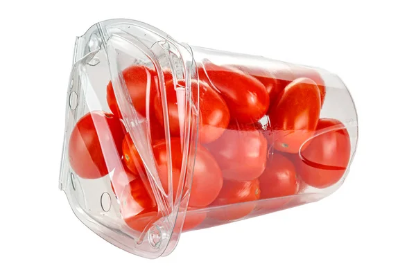 新鲜成熟的红樱桃西红柿，装在白色背景隔离的透明塑料容器中 — 图库照片