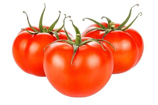 Drie rijpe heldere rode tomaten met groene bladeren geïsoleerd op een witte achtergrond — Stockfoto