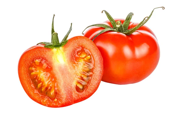 Hele en de helft van gesneden rijpe heldere rode tomaat met groene bladeren geïsoleerd op een witte achtergrond — Stockfoto