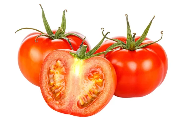 Dos tomates enteros y medio cortados maduros de color rojo brillante con hojas verdes aisladas sobre un fondo blanco — Foto de Stock