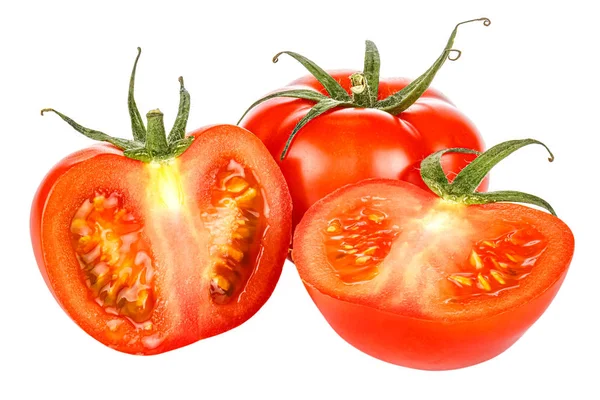 Una entera y dos mitades de tomate maduro cortado de color rojo brillante con hojas verdes aisladas sobre un fondo blanco — Foto de Stock