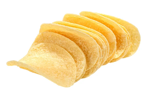 Yellow slices of potato chips with sour cream and onions isolated on white background close-up — 스톡 사진