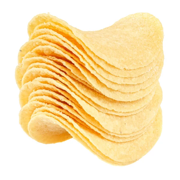 Yellow slices of potato chips with sour cream and onions isolated on white background close-up — Stock Photo, Image