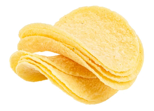 Gelbe Scheiben Kartoffelchips mit saurer Sahne und Zwiebeln isoliert auf weißem Hintergrund Nahaufnahme — Stockfoto