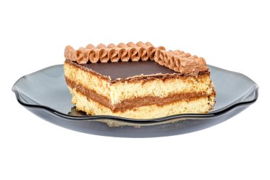 Çeyrek porsiyon çikolatalı kek ve beyaz arka planda izole edilmiş koyu dumanlı bir cam tabağın üzerindeki krema süsüsüsüyle süslenmiş.