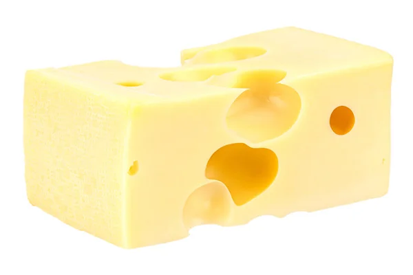 Mentindo pedaço retangular de queijo Maasdam isolado em um fundo branco — Fotografia de Stock