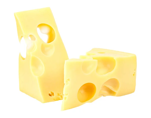 Standing and lying two triangular pieces of Maasdam cheese isolated on a white background — 스톡 사진