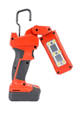 Beyaz arka planda izole edilmiş kırmızı ve siyah takviyeli plastik kutuda elsiz ışıklandırma için esnek başlı ve geri çekilebilir kancalı 12v kablosuz görev ışığı. Yapılandırma aracı resmi