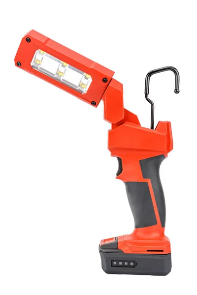 Side view of cordless 12V LED task light with flexible head and retractable hook for hands-free lighting in red and black reinforced plastic case isolated on white background. Construction tool image — Stock Photo, Image