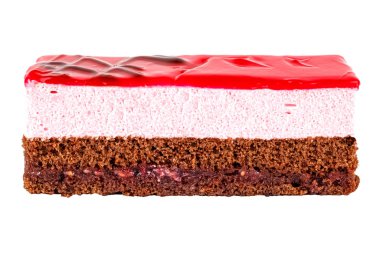 Tiramisu cake with delicate chocolate sponge cake stuffed with natural raspberries and air raspberry mousse coated with raspberry gel and decorated with chocolate gel. Isolated on white background