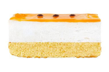 Tiramisu cake with airy creamy yogurt mousse with slices of juicy peach and chocolate decor isolated on white background. Side view