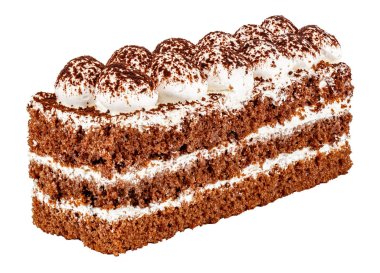 Tiramisu cake with three layers of chocolate biscuit and natural coffee syrup with cognac and Tiramisu cream. Decorated with whipped cream and cocoa. Isolated on white background