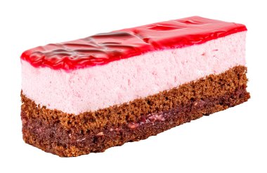 Tiramisu cake with delicate chocolate sponge cake stuffed with natural raspberries and air raspberry mousse coated with raspberry gel and decorated with chocolate gel. Isolated on white background