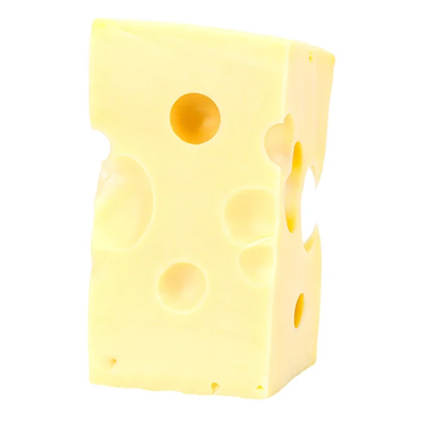 Stående rektangulär bit av Maasdam ost isolerad på en vit bakgrund — Stockfoto