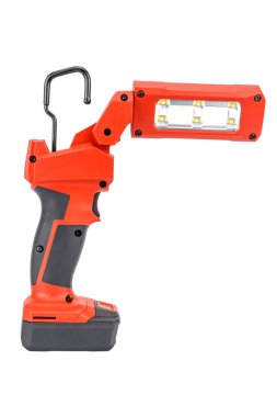 Beyaz arka planda izole edilmiş kırmızı ve siyah takviyeli plastik kutuda elsiz ışıklandırma için esnek başlı ve geri çekilebilir kancalı 12v kablosuz görev ışığı. Yapılandırma aracı resmi