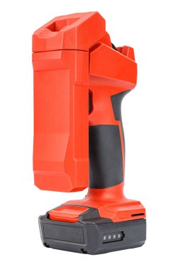 Kablosuz 12v, beyaz arka planda izole edilmiş kırmızı ve siyah güçlendirilmiş plastik çantalı elsiz ışıklandırma için esnek başlı ve geri çekilebilir kancalı görev lambası. İnşaat aracı resmini kes