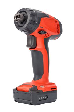 Kablosuz 12V tornavida Li-ion bataryasıyla çalışıyor. Kırmızı ve siyah kaplamalı altıgen kaplama. Beyaz arka planda izole edilmiş güçlendirilmiş plastik kutu. İnşaat aracı resmini kes