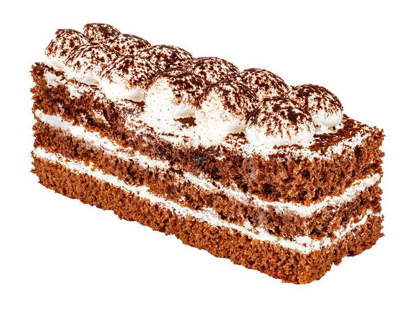 Tiramisu cake with three layers of chocolate biscuit and natural coffee syrup with cognac and Tiramisu cream. Decorated with whipped cream and cocoa. Isolated on white background