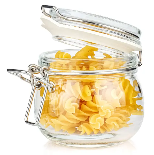 Pasta Secca Italiana Spirale Fusilli Vaso Vetro Trasparente Aperto Con — Foto Stock