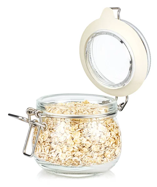Dry Rolled Oats Open Transparent Glass Jar Rubber Seal Metal — Stock Photo, Image