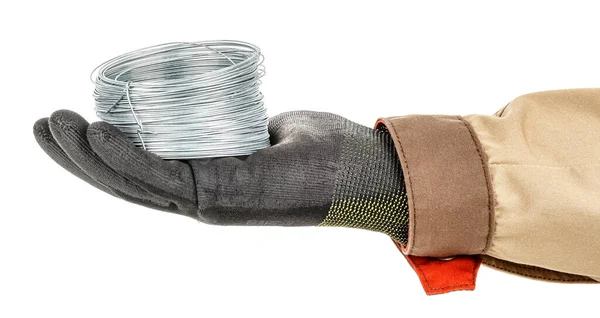 Coil Steel Wire Lies Palm Worker Hand Black Protective Glove — Stock Photo, Image