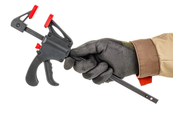 Snelkoppelingsklem Arbeidershand Zwarte Beschermende Handschoen Bruin Uniform Geïsoleerd Witte Achtergrond — Stockfoto