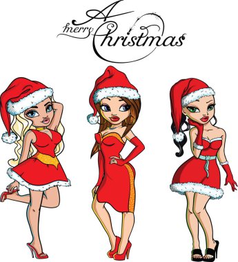 Charming blonde, brunette, brown-haired girl in santa dress clipart