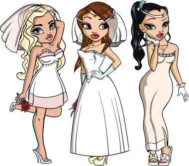 Sevimli sarışın, esmer, kahverengi saçlı kız gelinler